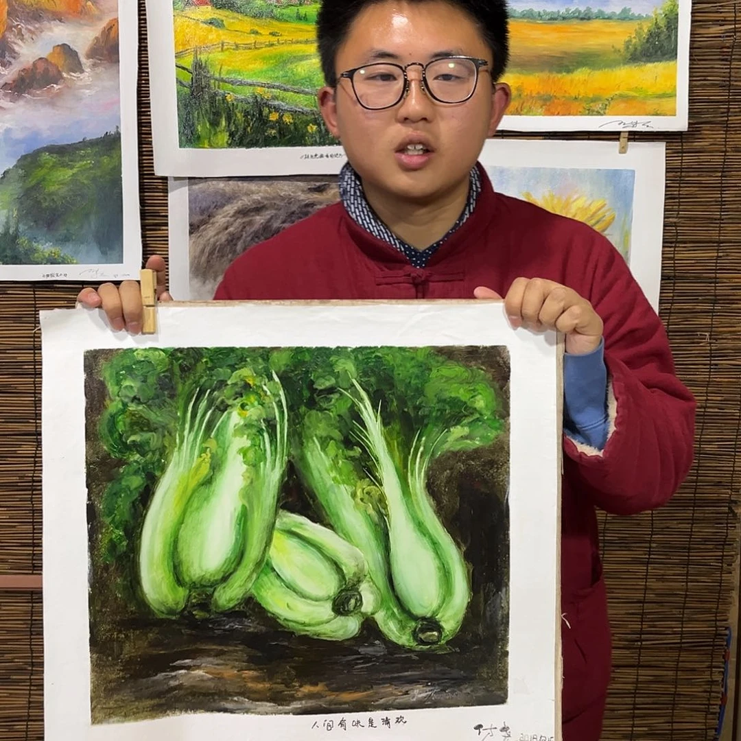 油画行路人小院绘画作品