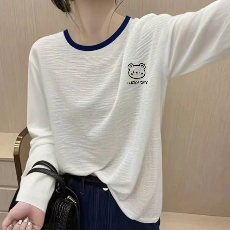 秋季新款竹节纯棉长袖女韩版小众卡通印花大码宽松显瘦女装上衣