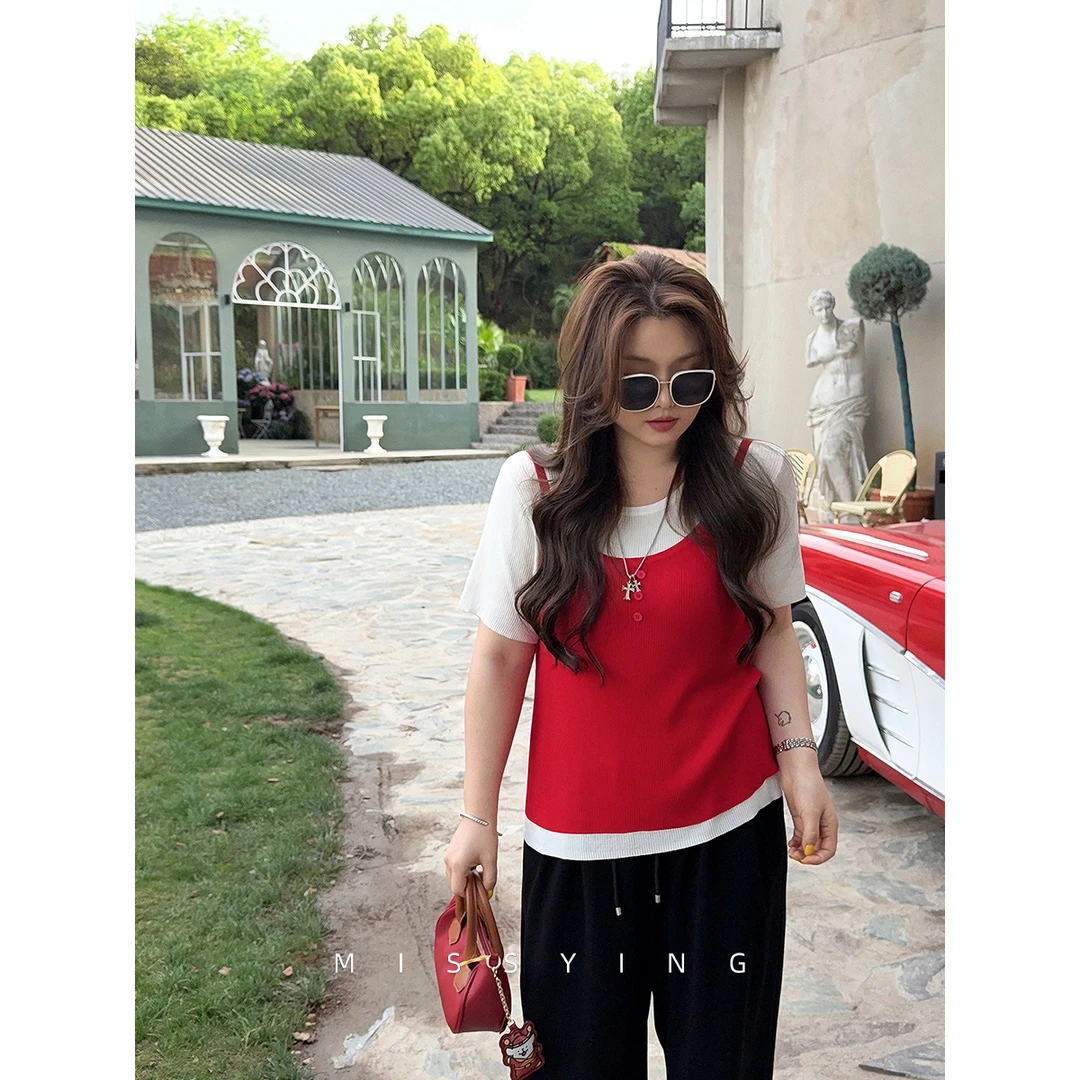 应小姐【小野春和】微胖大码韩系时尚宽松休闲风假两件撞色针织上衣