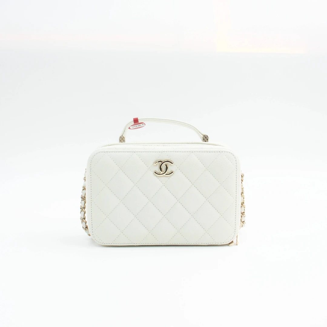 95新 Chanel/香奈儿 78678B 22P白色菱格荔枝皮化妆斜挎包