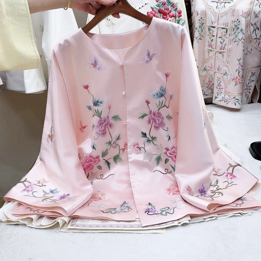 织绣真丝粉色牡丹花