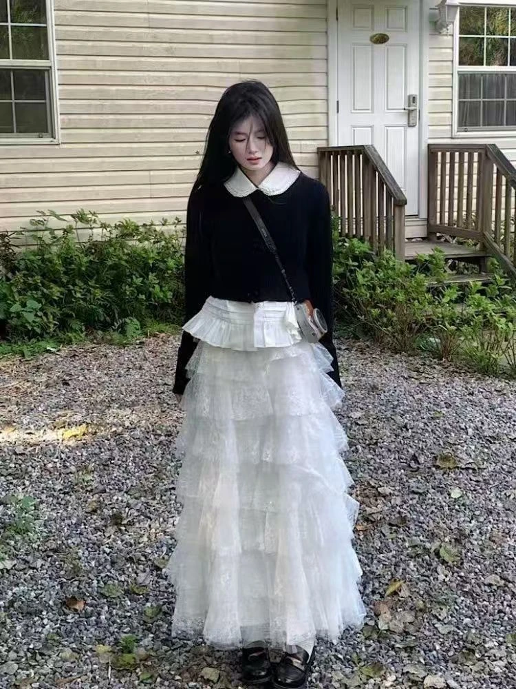 【茵茵专属】1气质法式风娃娃领衬衣针织开衫减龄甜美蕾丝半身裙