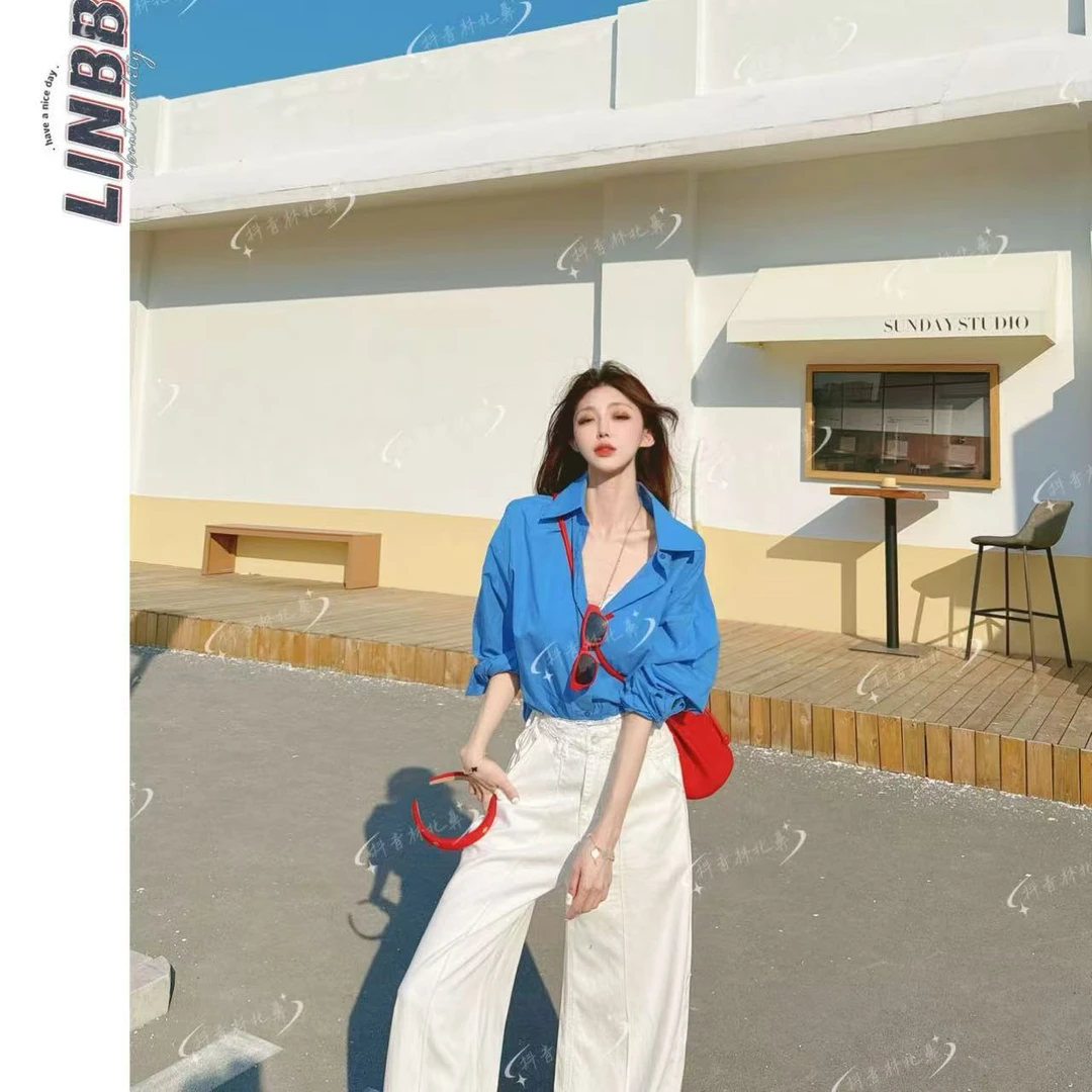 林北鼻-【拍立得】韩单气质高级感显白色系棉防晒衬衫