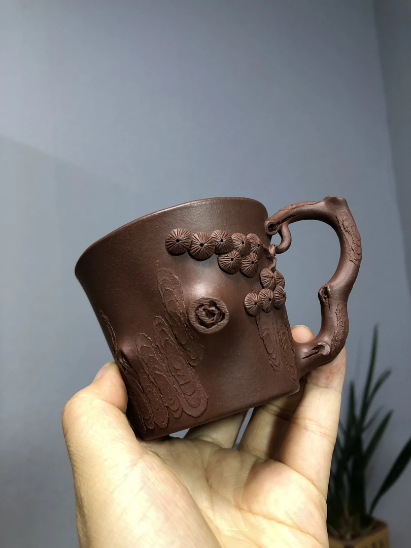 全手工红泥主人杯老紫泥170cc陶瓷紫砂杯茶杯茶道浮雕茶具纯手工