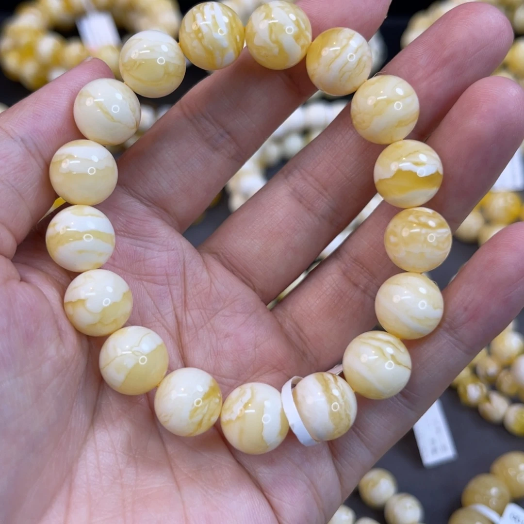 蜜蜡未镶嵌手串11.5mm+瓷白虎皮