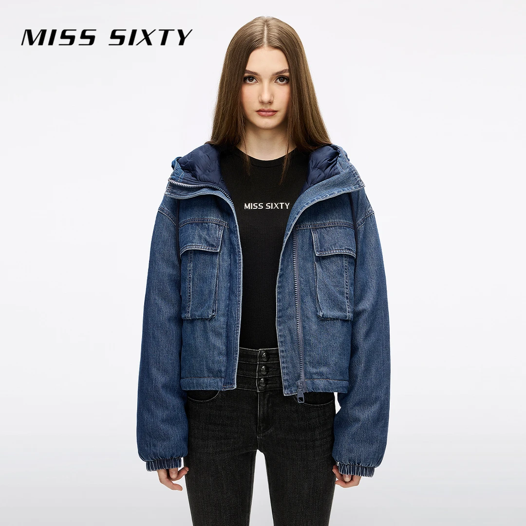 Miss Sixty2025冬季新款牛仔羽绒服女连帽复古工装90鸭绒短款外套