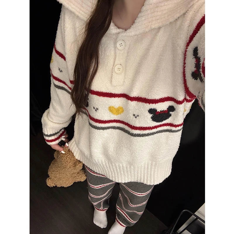 韩系休闲甜美可爱米奇印花半边绒睡衣女冬季新款可外穿家居服套装