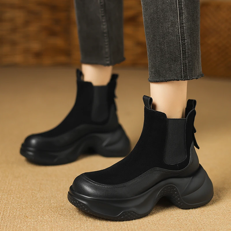 轻便防滑8cm松糕厚底切尔西靴2025新款磨砂皮坡跟短靴女春秋单靴