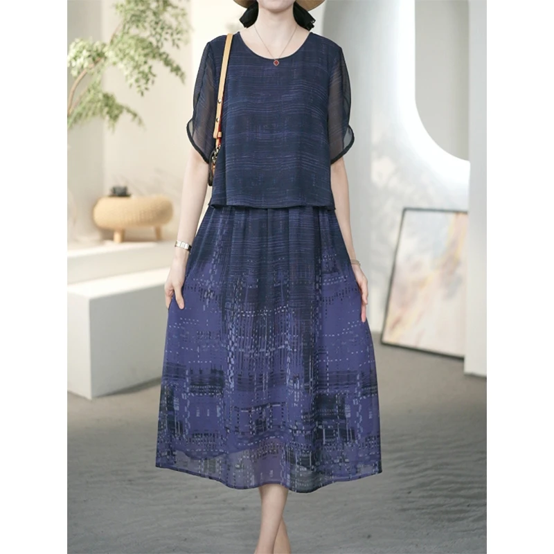 阿吉多法式洋气减龄假两件连衣裙女夏季宽松显瘦大码长裙子A32203