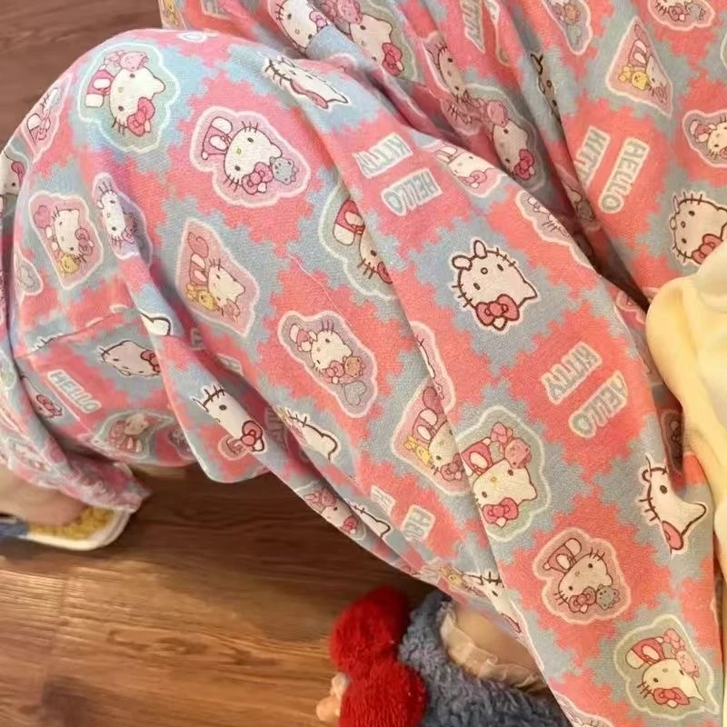 带口袋~特大码hellokitty睡裤女长裤春秋夏季薄款家居裤可外穿