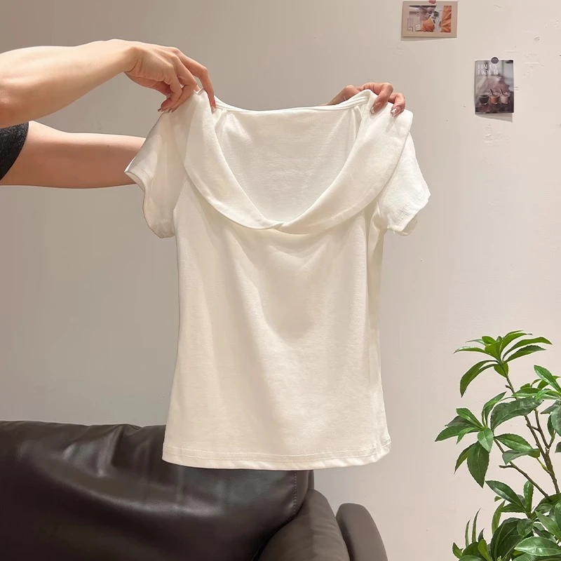 学院风娃娃领正肩短袖T恤2025年夏季新款设计感白色修身上衣女装