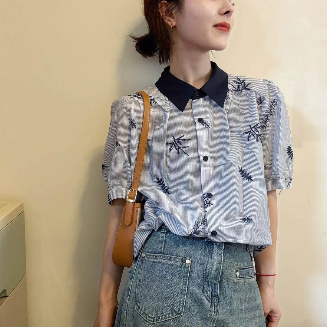 运费补贴小众设计感衬衫重工刺绣撞色Polo领百搭文艺气质衬衣时尚