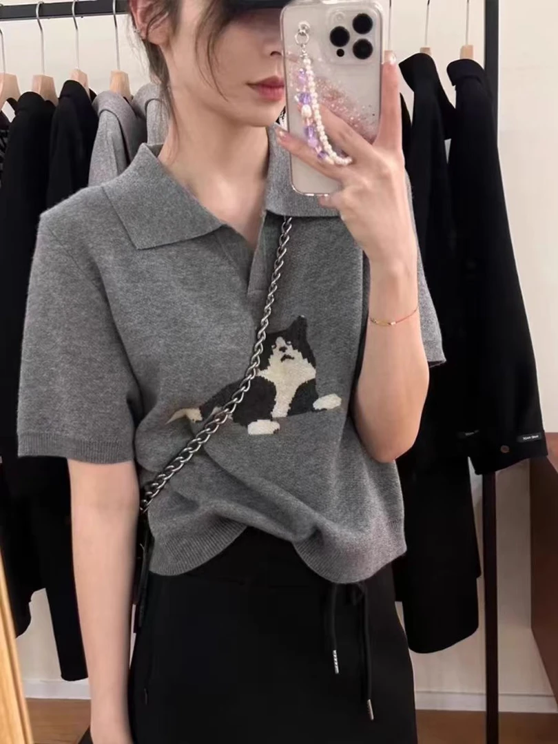 035#大码猫咪提花polo领短袖针织t恤2025夏季新小众设计上衣