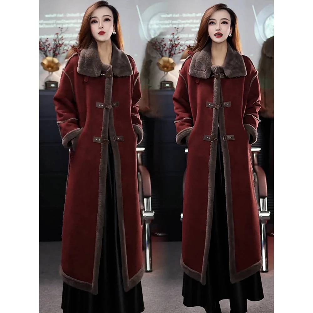 加绒加厚麂皮绒外套女2024冬季新款时髦洋气过膝长款皮毛一体大衣