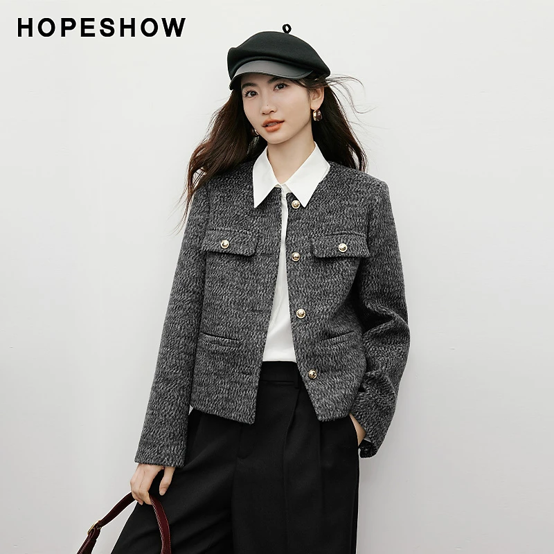 红袖2025冬女装 香风粗花呢正肩长袖圆领短款箱型外套90125360401