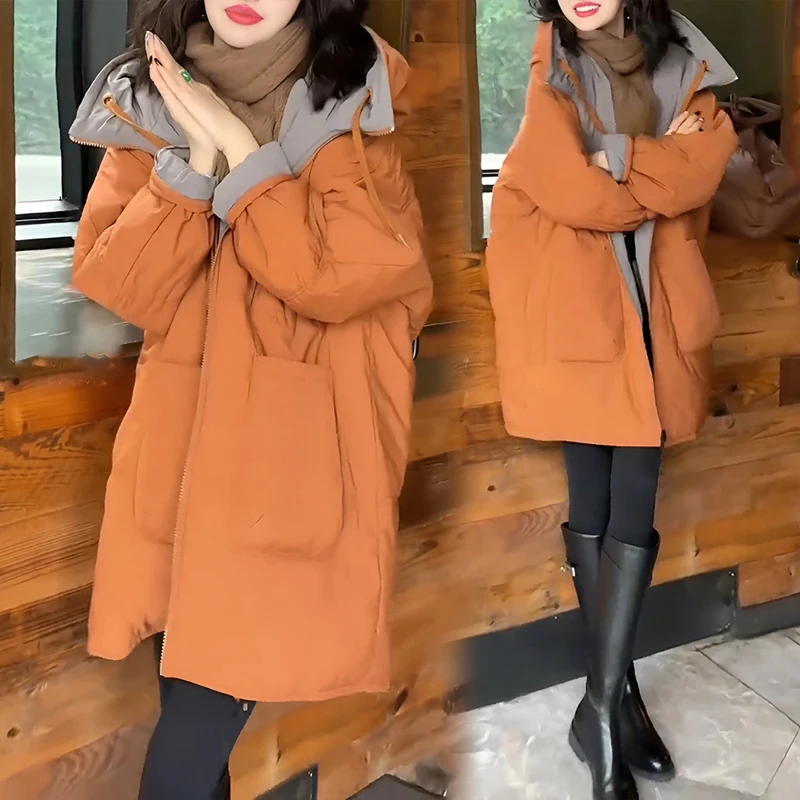 显白气质欧版中长款棉服外套女冬季新款大码宽松慵懒时尚棉衣袄子