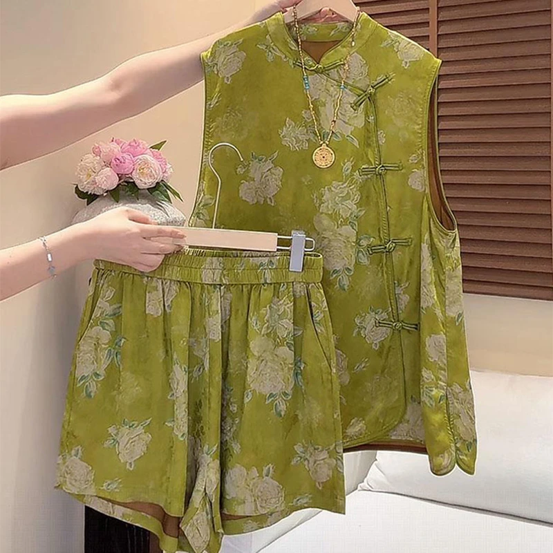 新中式国风套装女2025新款夏季斜襟盘扣旗袍款衬衫休闲短裤两件套