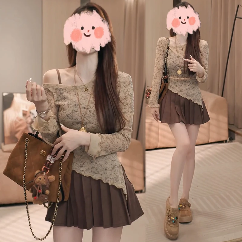 丹宁风斜领不规则领口印花打底短款长袖T恤女高腰半身裙子两件套