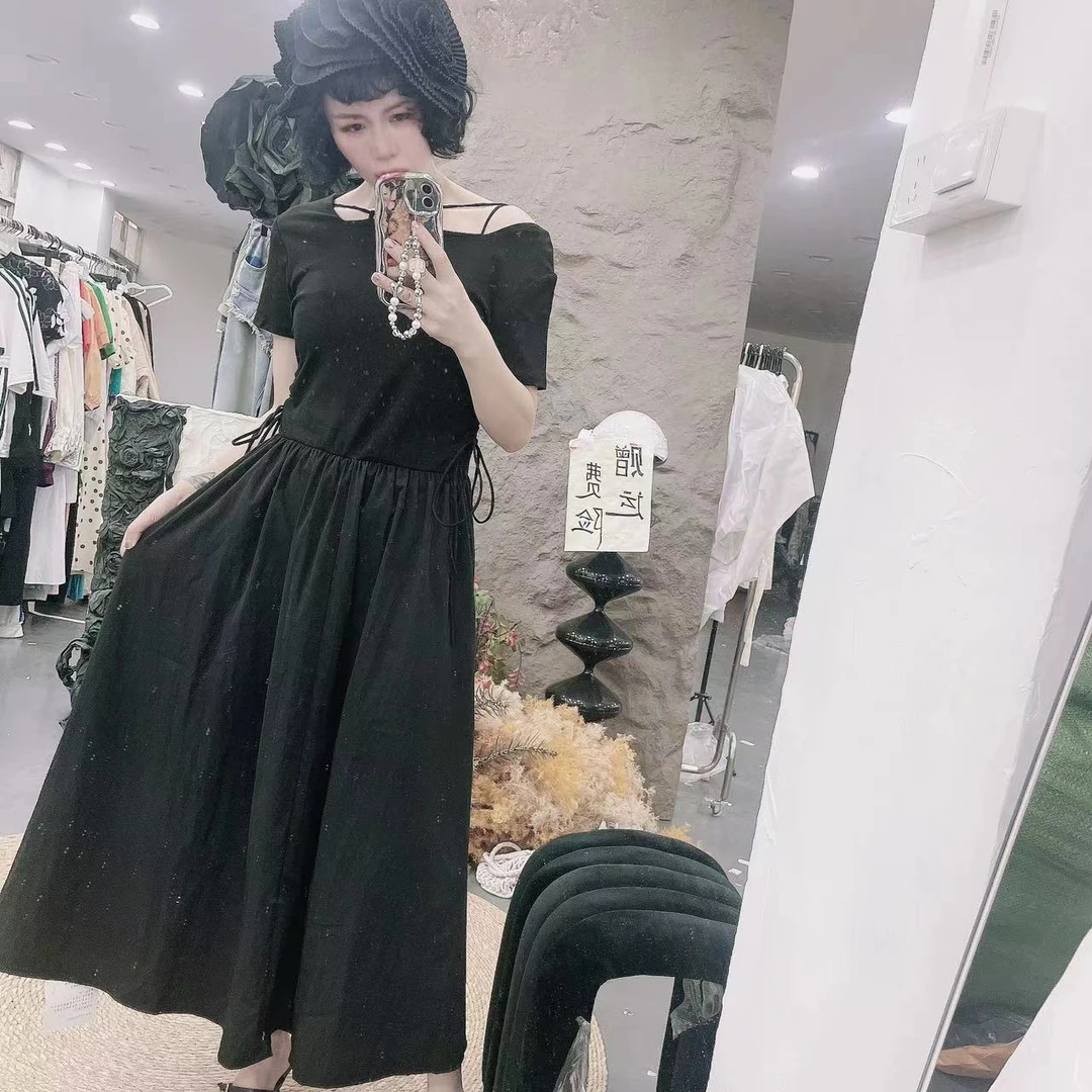 263 赫本风短袖抽绳收腰连衣裙显瘦a字长裙