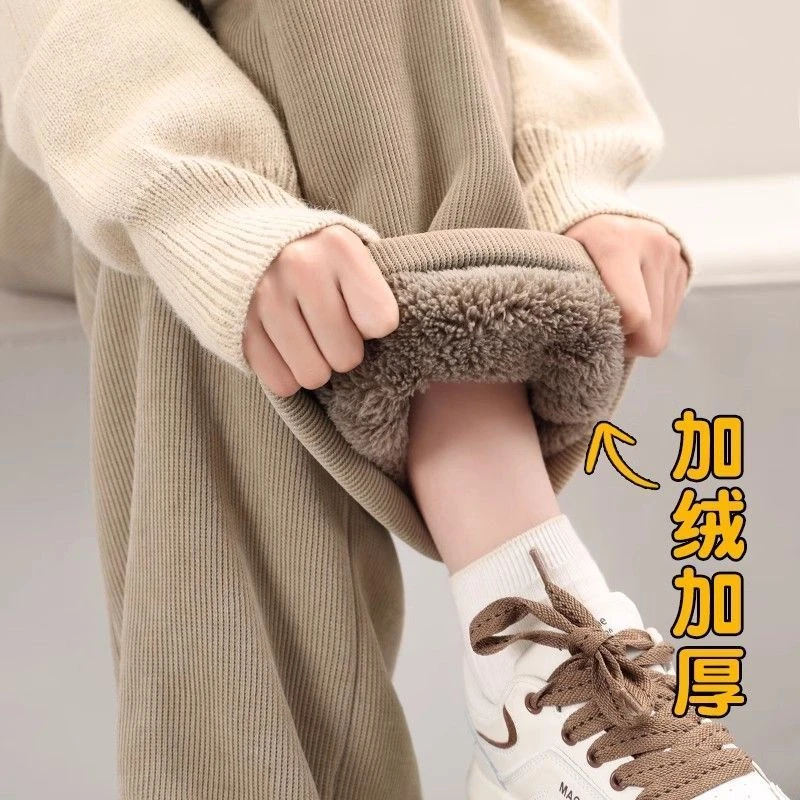 东北巨厚羊羔绒阔腿裤女冬款加绒保暖直筒裤大码80-300斤零下可穿
