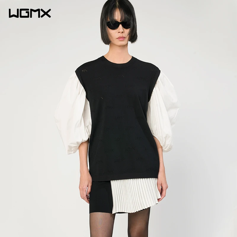 WGMX/玩个毛线25年春设计师品牌针梭拼泡泡袖宽松针织上衣套头衫