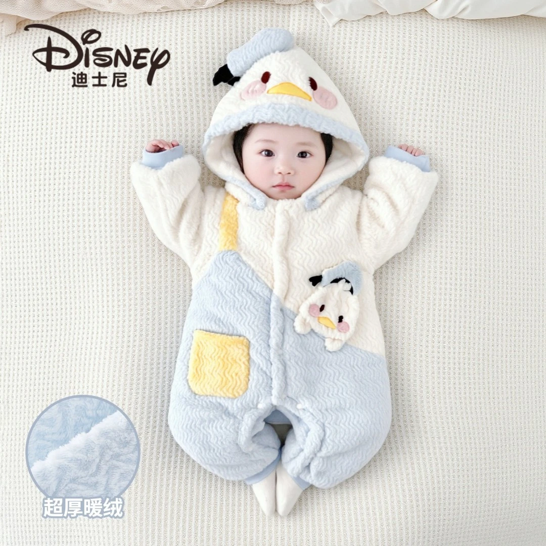 Disney/迪士尼宝宝冬季外套加厚加绒连帽连体衣婴儿可爱保暖衣服