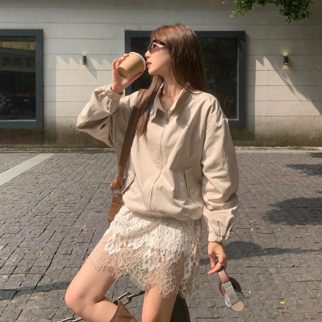 2025年春季新款美式辣妹风立领夹克风衣外套女纯欲蕾丝半身裙套装