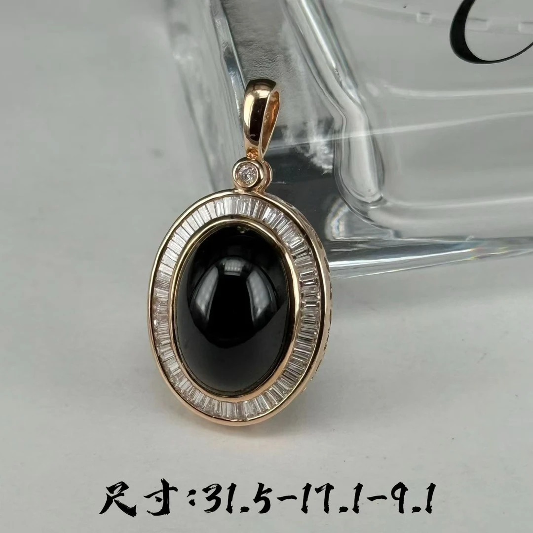 精品18k满钻豪镶墨翠蛋面吊坠 黑度极好 打灯通透 油性十足