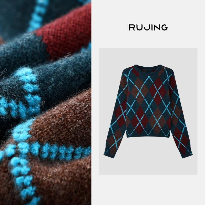 RUJING丨【菱格纹】100%羊毛老钱风菱格拼色毛织衫-258MZFG019