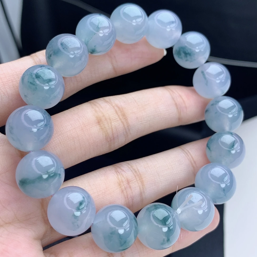 缅甸A货翡翠高冰飘蓝花大卡男女同款圆珠手链手串5YH2T17卡13mm