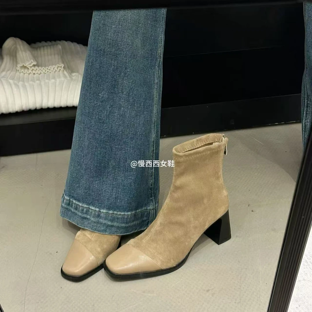 慢西西新品秋冬粗跟后拉链瘦瘦靴方头拼色马丁靴高跟显瘦弹力短靴