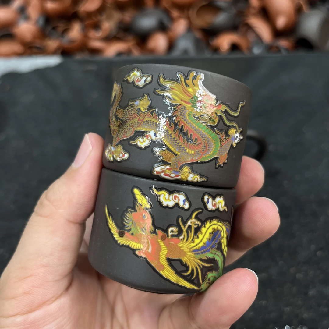 龙凤变色紫砂扳指杯50cc(一对）