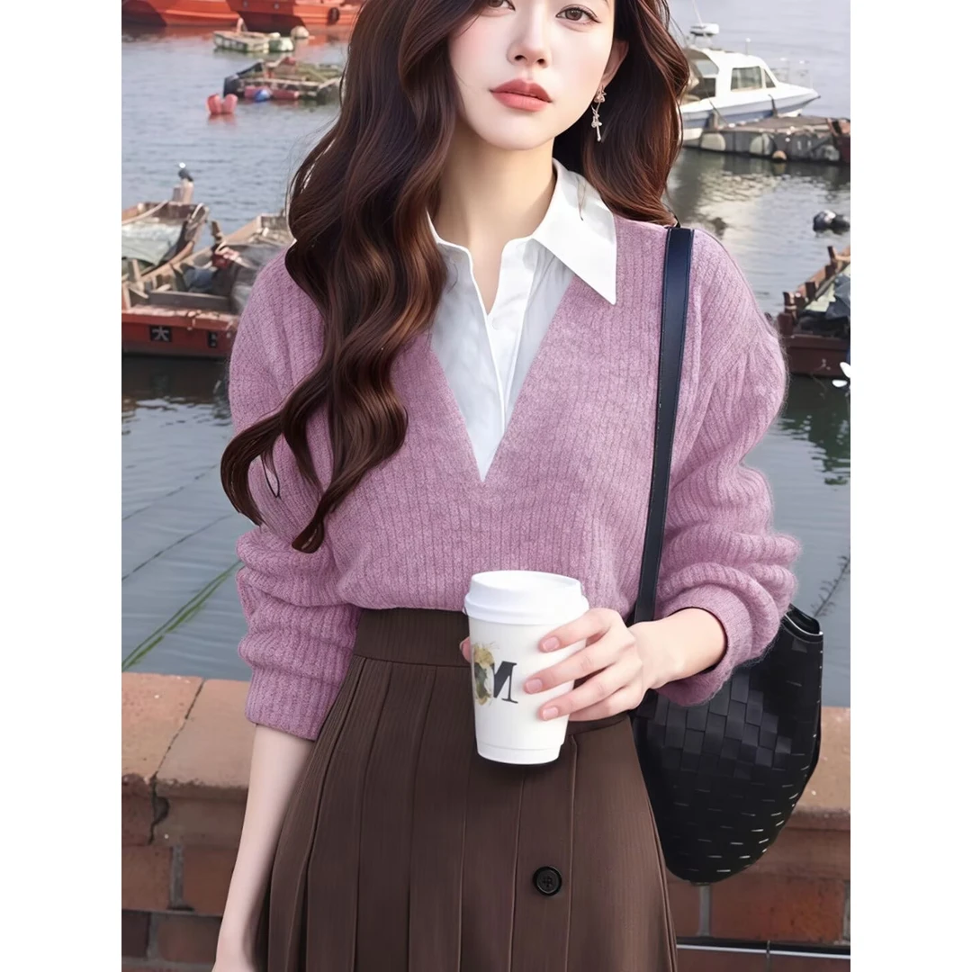 哥家阿玛家2025冬新款女时尚polo领拼接长袖针织衫女秋冬新复古