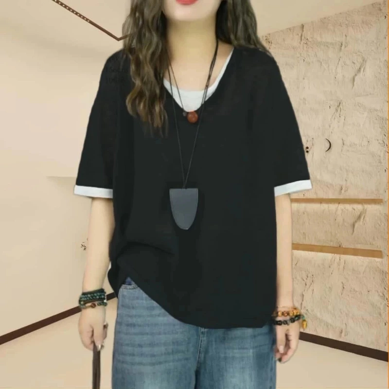 夏季宽松短袖假两件T恤女新款休闲百搭时尚宽松显瘦撞色V领上衣