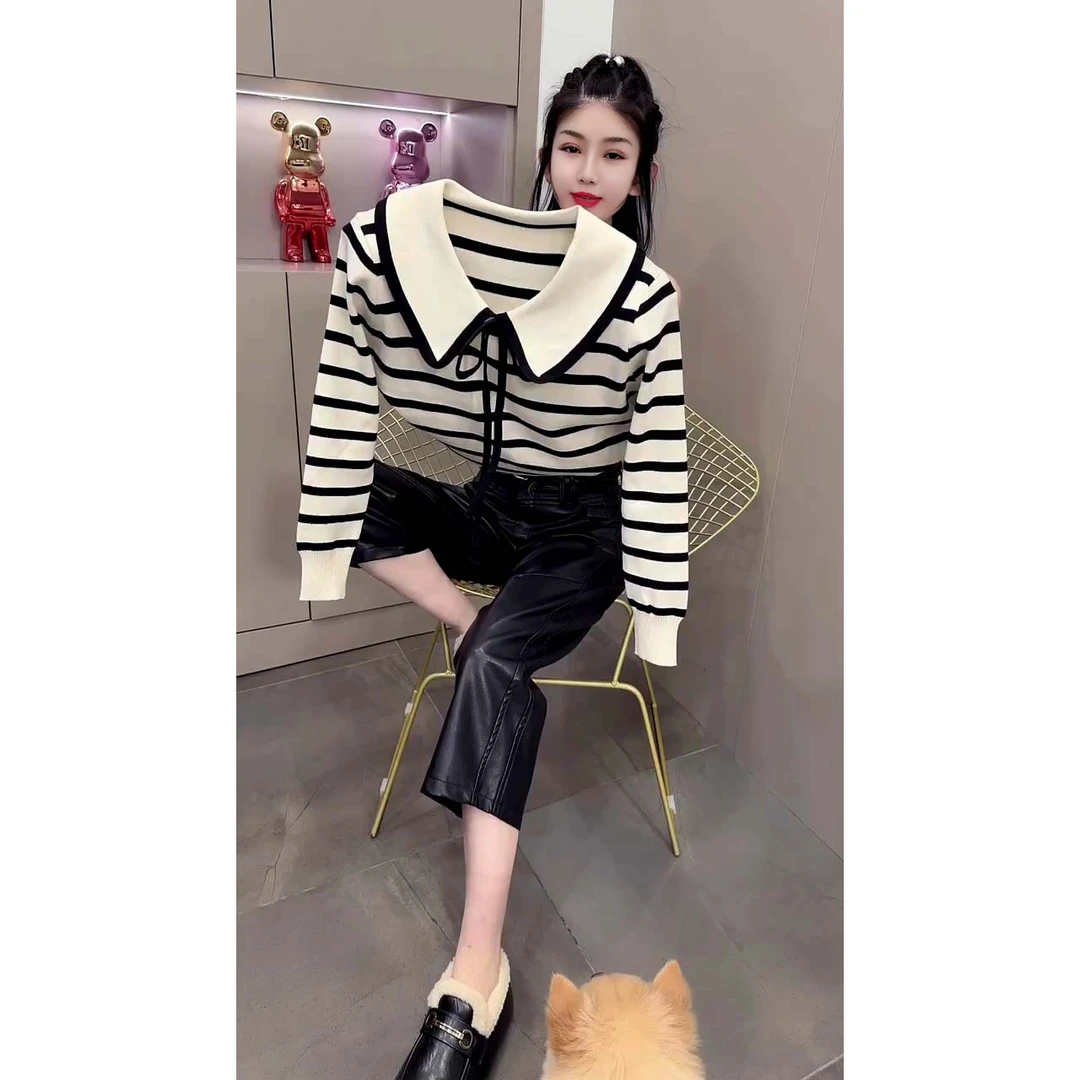 冬季新款宽松慵懒风娃娃领蝴蝶结系带套头毛衣