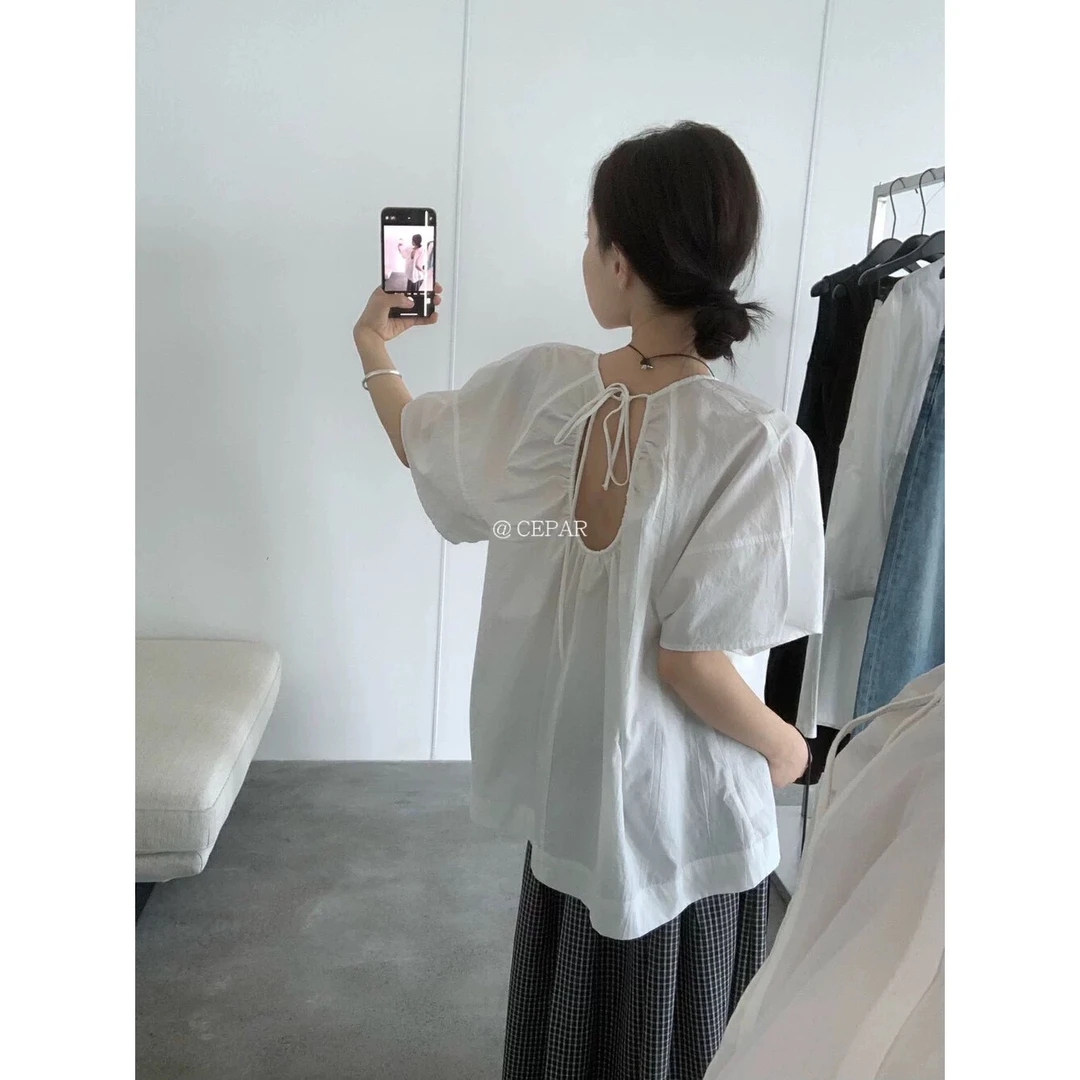 后背绑带上衣镂空露背衬衫女宽松显瘦减龄娃娃衫