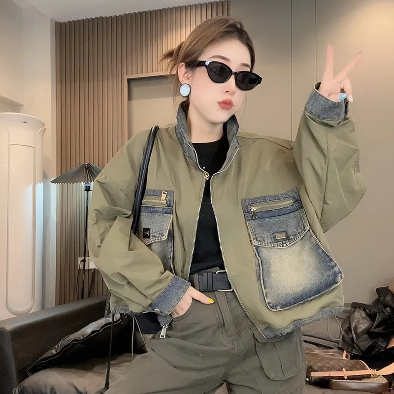 2025春秋时尚短款宽松立领牛仔拼接外套百搭休闲夹克上衣女棒球服