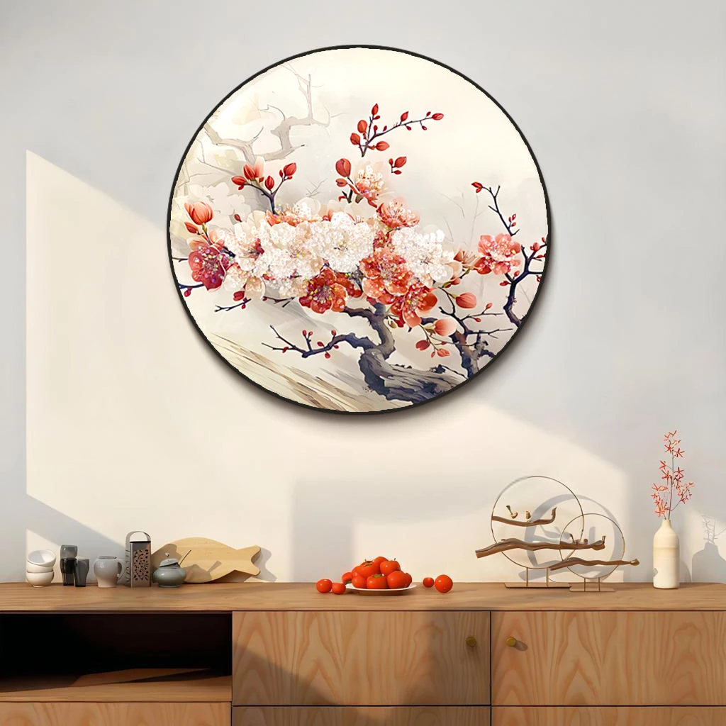 梅花入户玄关装饰画新中式圆形餐厅挂画古风墙面艺术壁画6060