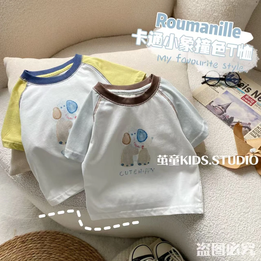 【麦麦妈】X252夏季小童卡通小象撞色短袖T恤新品男女宝宝可爱上衣