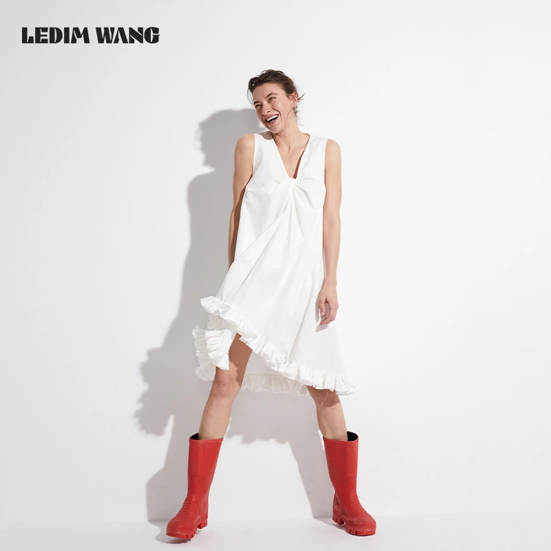 LEDIM WANG 不规则荷叶边无袖连衣裙女宽松A字裙
