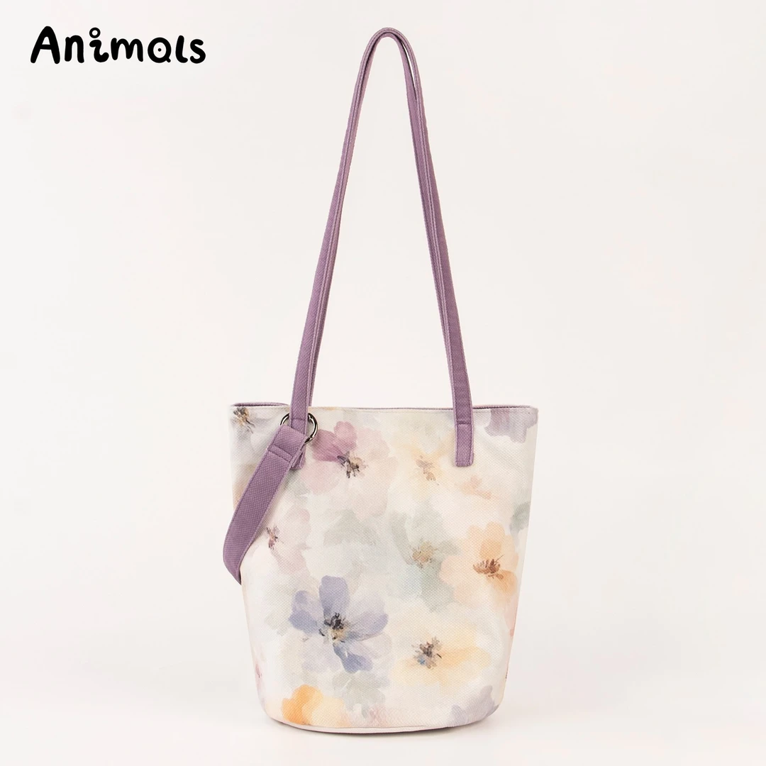 AnimQls【紫蔓花语】单肩包女款休闲布包时尚通勤斜挎大容量水桶包