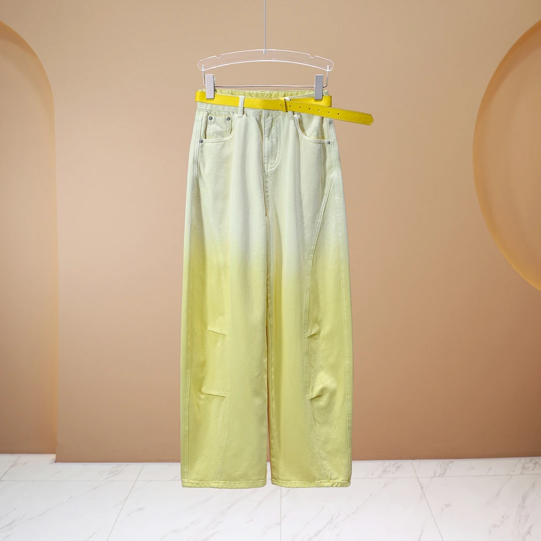 【程二定制】2025春季 渐变黄扎染渐变时尚阔腿牛仔裤7281