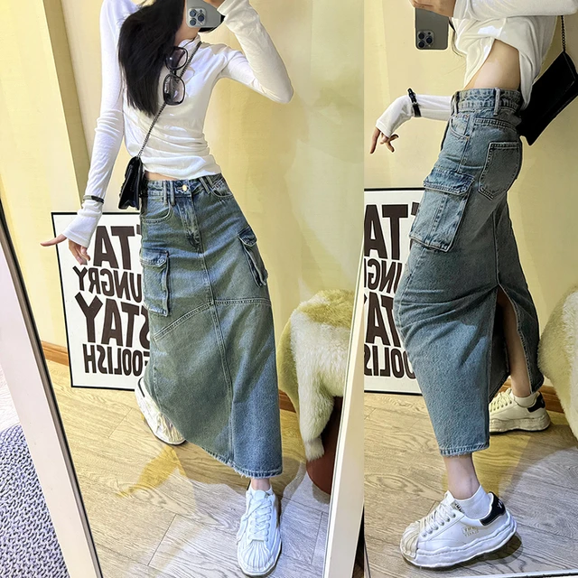 2025秋季新款高腰显瘦复古水洗工装立体口袋开衩牛仔裙半身裙长裙