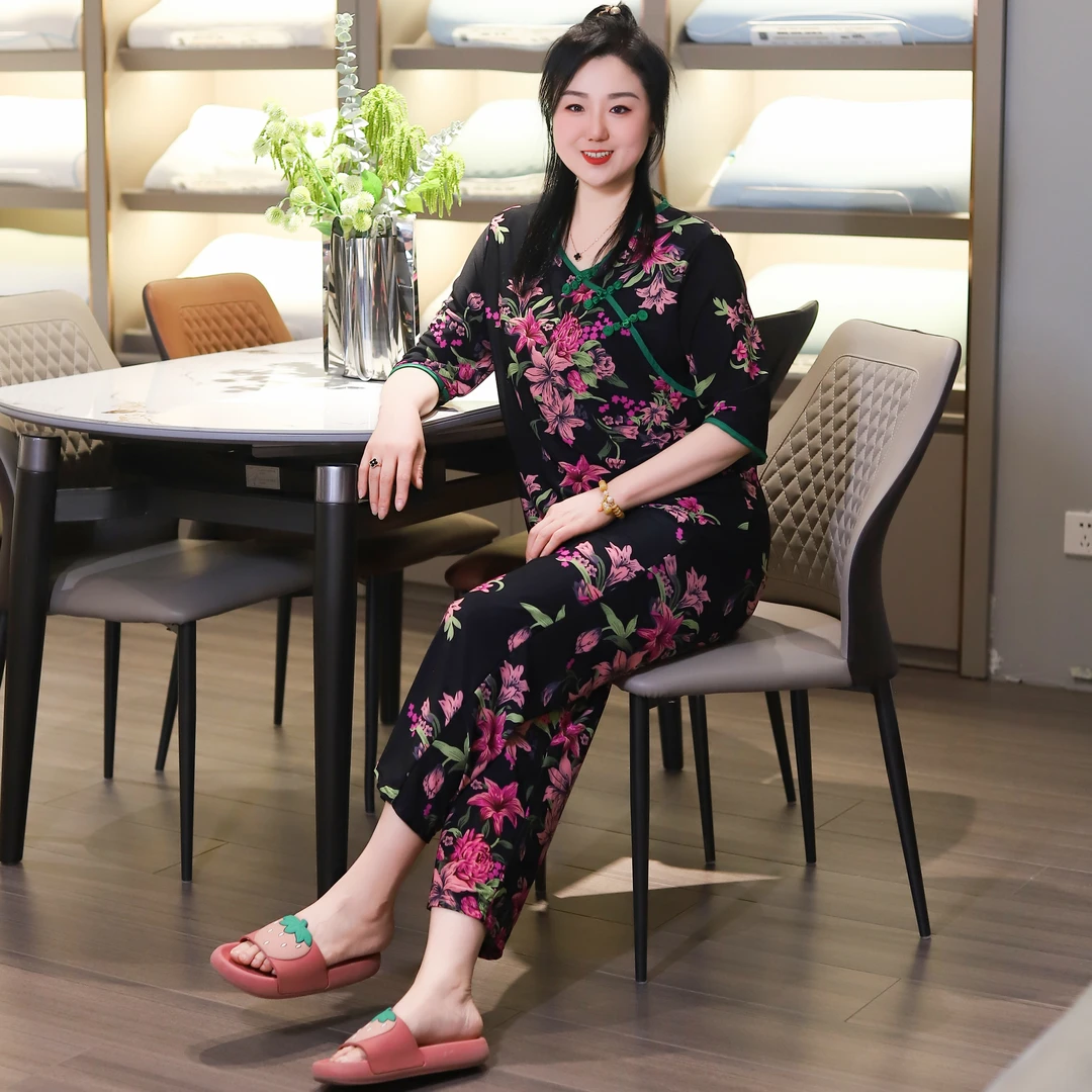 春秋国风睡衣女套装家居服冰丝大码高弹宽松遮肉显瘦四季款九分裤