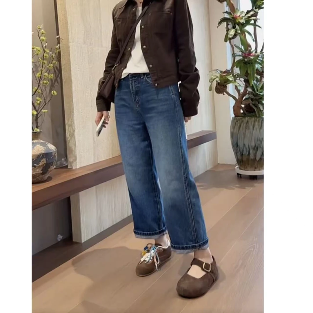 秋季新款洋气高腰直筒牛仔裤女梨形身材小个子宽松显瘦九分法棍裤