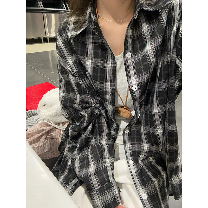 日系百搭防晒格子全棉长袖衬衫女春夏新款复古休闲慵懒风宽松外套