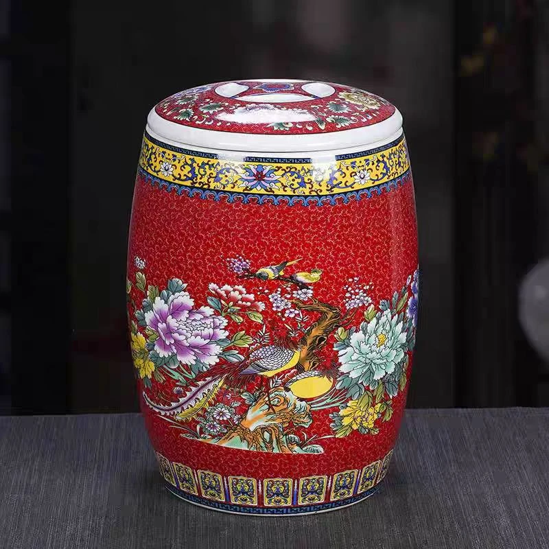 ZY-DP-A94-20斤红色花开富贵凳子米缸20斤装