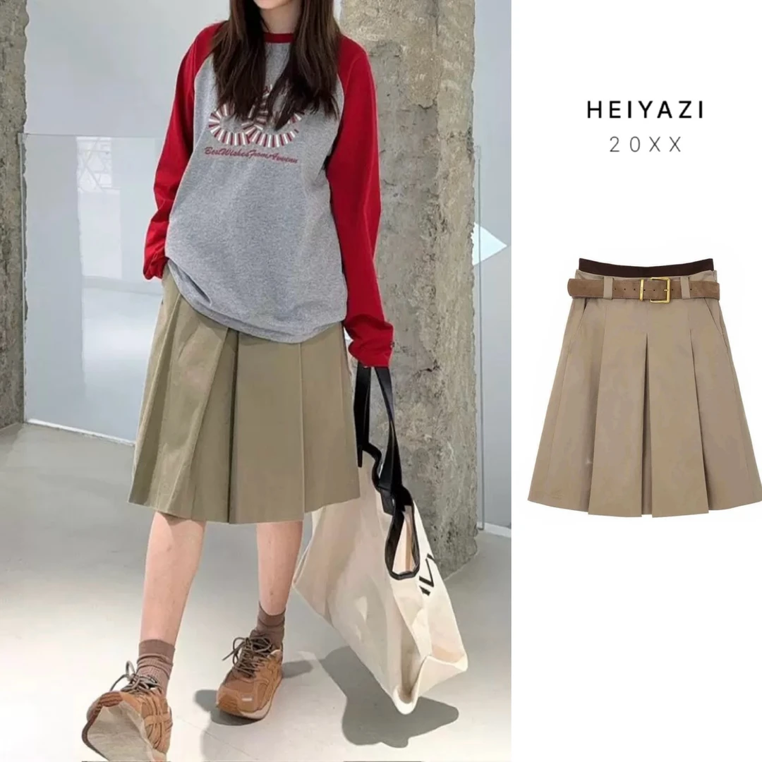 “AVVENN”早春撞色拼接百褶裙A字显瘦半身裙女——黑鸭子买手店