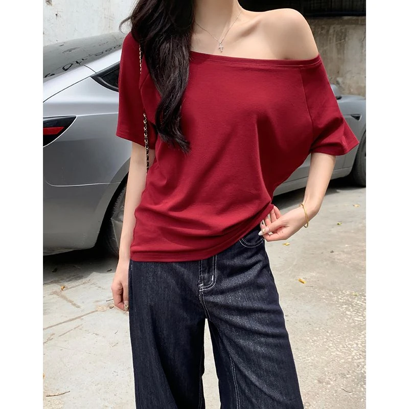 一字肩上衣纯欲风斜肩女夏季藏蓝色宽松休闲设计女生韩系ins衣服