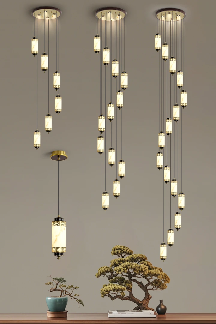 新中式楼梯灯别墅复式楼长吊灯禅意装饰实木电镀彩铜 仿云石灯具